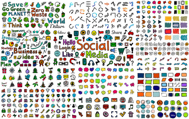 Enorme mega collectie van kleur handgetekende doodle pictogrammen - sociale, zakelijke, web en internet, knoppen, frames, natuur en ecologie, spraakbellen, pijlen en vele andere design elementen. Doodles bundel. - Vector, afbeelding