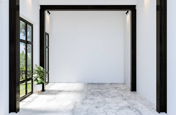 Современный бетонный материал Пустой зал Интерьер открытого пространства с большим окном, 3D рендеринг
 - Фото, изображение