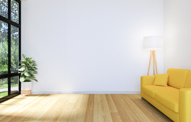 weißer Wohnzimmerinnenraum mit Holzboden und Kopierraum an der Wand für Mock Up, 3D-Rendering - Foto, Bild