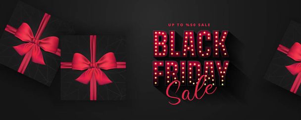 Retro light bulbs sign Black friday sale banner layout design template. Banner and advertising poster design.Vector illustration.Realistic black gift box.Vector illustration - Wektor, obraz