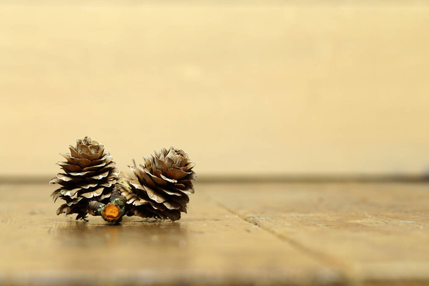 Yellow blurred background with spruce cones in the foreground - Photo, Image