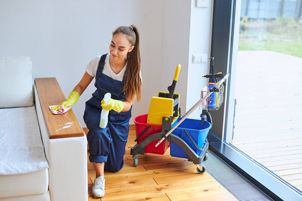 Energetic female janitor clean up room - Foto, Bild