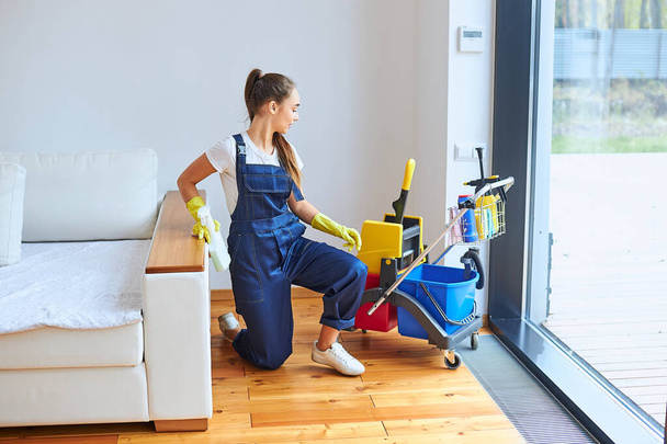 Portrait of young caucasian woman cleaning up room - Foto, Bild