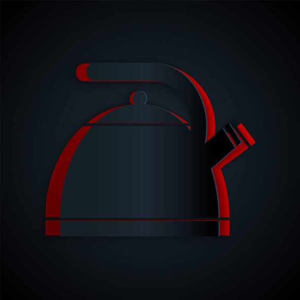 Papiergeschnittener Wasserkocher mit Stielsymbol isoliert auf schwarzem Hintergrund. Teekanne vorhanden. Papierkunst. Vektorillustration - Vektor, Bild