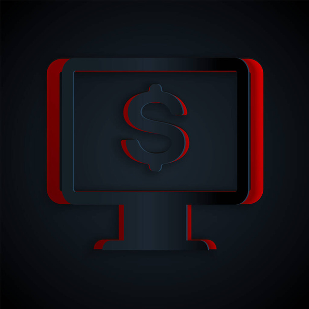 Paper cut Computer monitor with dollar icon isolated on black background. Internet financial security concept, online finance protection. Paper art style. Vector Illustration - ベクター画像