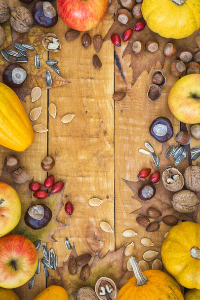 Taze meyve, balkabağı ve fındıklı sonbahar kompozisyonu - Fotoğraf, Görsel