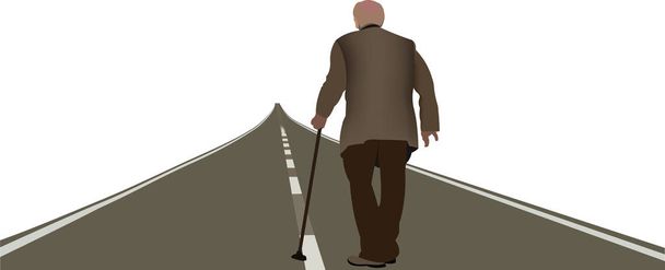 elderly person from behind walks on the road - Vector, Image
