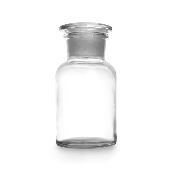 Empty apothecary bottle with stopper on white background. Laboratory glassware - 写真・画像