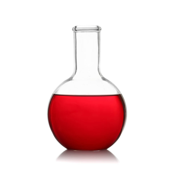 Florence flask with red liquid on white background. Laboratory glassware - Φωτογραφία, εικόνα