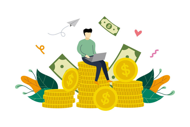 Wealth, richness, profitable investment. Small businessman sitting on coins stack concept vector flat illustration, suitable for background, landing page, ui, ux, advertising illustration - Vector, Image