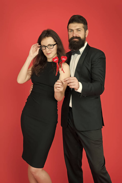 heart filled with love. valentines day heart. bearded businessman with lady. formal couple. business meeting. tuxedo man and elegant woman at formal party. love date and romance. sexy couple in love - Foto, Imagem