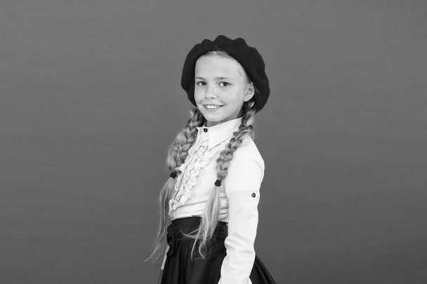 learning french. happy child in uniform. little girl in french beret. Education abroad. kid fashion. International exchange school program. schooling abroad. students exchange. travel to paris - Fotoğraf, Görsel