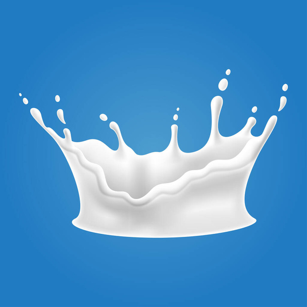 Векторные иллюстрации брызг молока и налива, реалистичные натуральные молочные продукты, йогурт или сливки, выделенные на синем фоне
. - Вектор,изображение