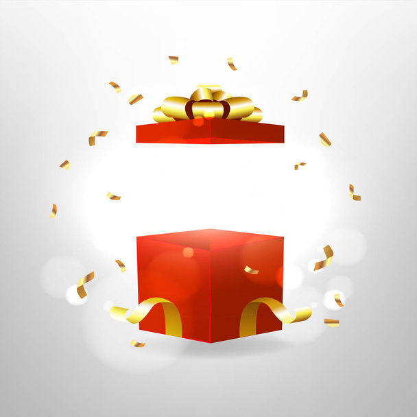 Открытая красная подарочная коробка с красной бантиком и золотой лентой. Коробка-сюрприз с волшебным эффектом
. - Вектор,изображение