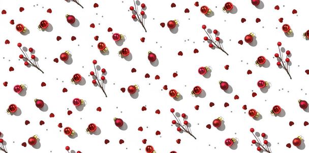 Christmas seamless pattern with red balls, berries, decoration, sparkles and confetti on white background. Xmas and New Year greeting card, winter holiday. Flat lay, top view, harsh shadow - Photo, Image