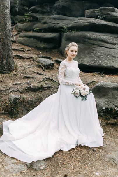 Wedding in the European style in nature. Bride in a white dress on the rocks.  - Foto, Bild