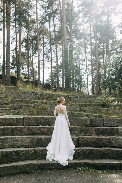 Wedding in the European style in nature. A bride in a white dress on a stone staircase.  - Φωτογραφία, εικόνα