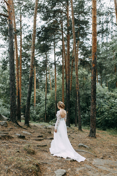 Elegant ceremony in European style. Beautiful bride in white flying dress in the forest.  - Фото, зображення