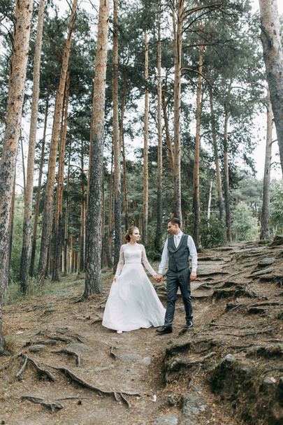 Modern ceremony in European style. Beautiful wedding couple in atmospheric forest with rocks.  - Photo, image
