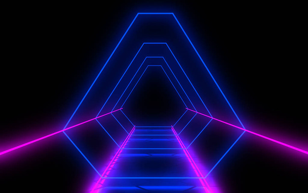 abstract architectuur tunnel met neon licht. 3D illustrationa - Foto, afbeelding