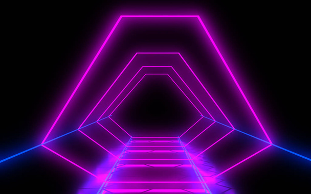 abstract architecture tunnel with neon light. 3d illustrationa - Photo, Image