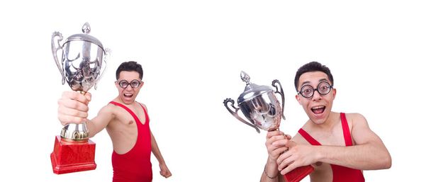 Funny wrestler with winners cup - Zdjęcie, obraz