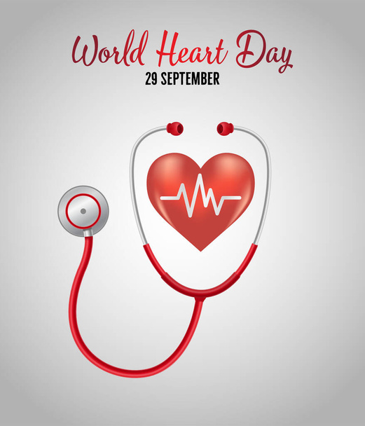 Ilustração vetorial para o Dia Mundial do Coração 29 de setembro com imagem de coração, cardiograma sem costura e batimento cardíaco em fundo múltiplo
 - Vetor, Imagem