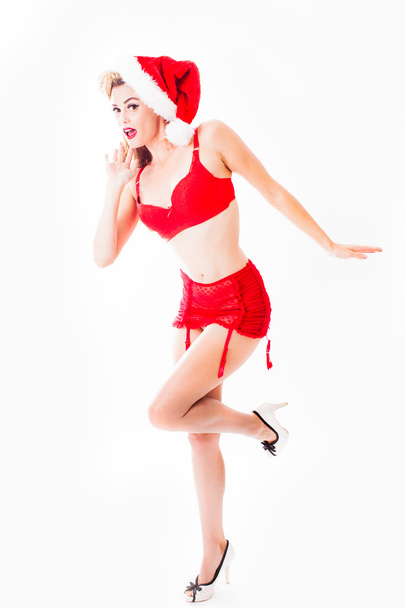 Sexy Pin up beautiful Santa delivering a puppy present - 写真・画像