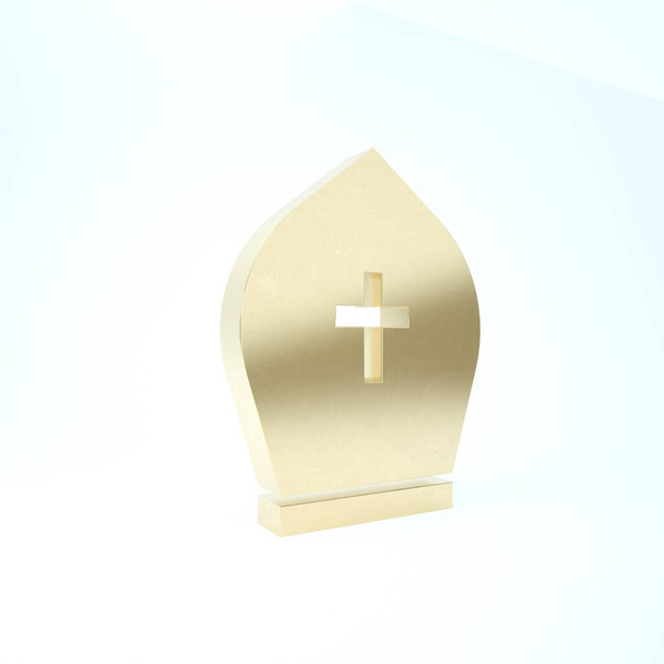 白い背景に隔離された金の教皇の帽子のアイコン。クリスチャンの帽子のサイン。3Dイラスト3Dレンダリング - 写真・画像