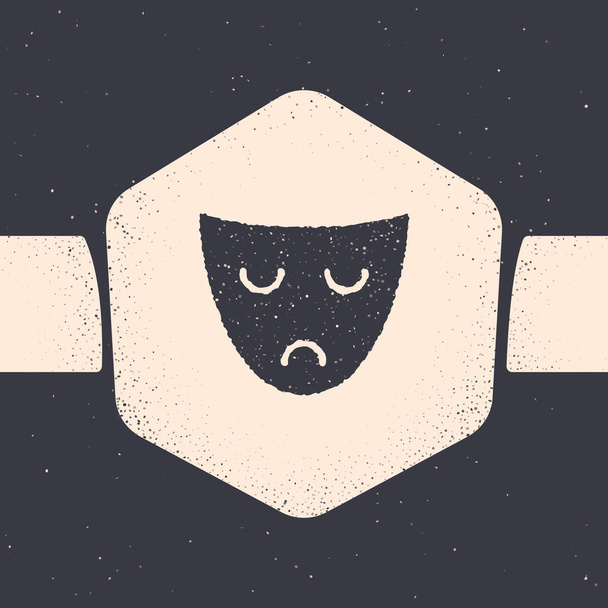 Grunge Drama divadelní maska ikona izolované na šedém pozadí. Černobílý vinobraní. Vektorová ilustrace - Vektor, obrázek