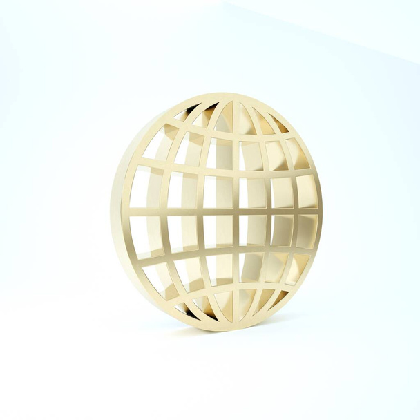 黄金の地球のアイコンは、白い背景に隔離されました。3Dイラスト3Dレンダリング - 写真・画像