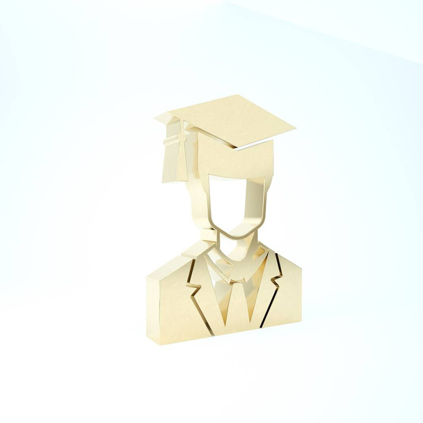 Beyaz arka planda önlüğü ve mezuniyet şapkası ikonu olan altın rengi erkek öğrenci profili. 3d illüstrasyon 3d canlandırma - Fotoğraf, Görsel