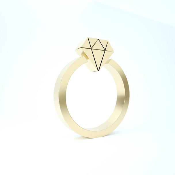 ホワイトの背景にはゴールドダイヤモンドのエンゲージメントリングアイコンがあります。3Dイラスト3Dレンダリング - 写真・画像