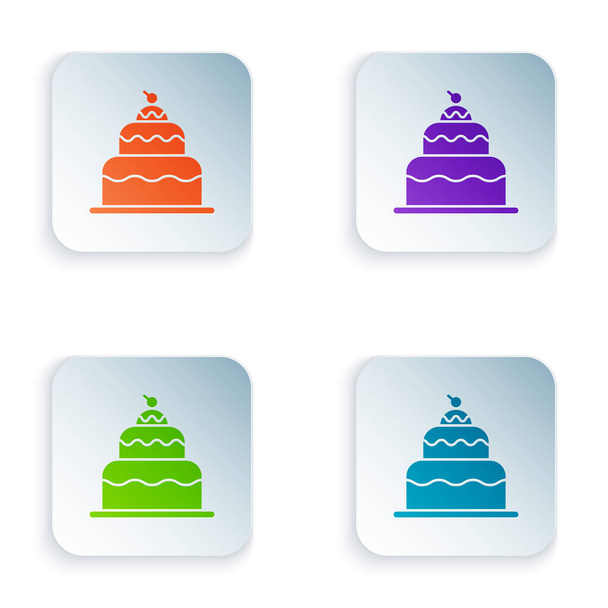 Icono de pastel de color aislado sobre fondo blanco. Feliz Cumpleaños. Establecer iconos en botones cuadrados de colores. Ilustración vectorial
 - Vector, Imagen