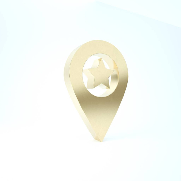 Wskaźnik Gold Map z ikoną gwiazdy na białym tle. Gwiazda ulubiona ikona mapy pin. Znaczniki map. Ilustracja 3d - Zdjęcie, obraz
