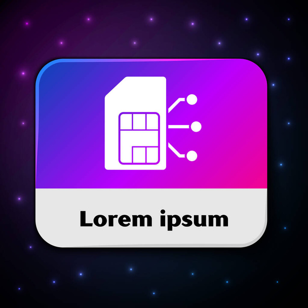 Icono blanco de la tarjeta Sim aislado sobre fondo negro. Móvil chip de tarjeta SIM de teléfono celular. Símbolo de tecnología de telecomunicaciones móviles. Botón de color rectángulo. Ilustración vectorial
 - Vector, imagen