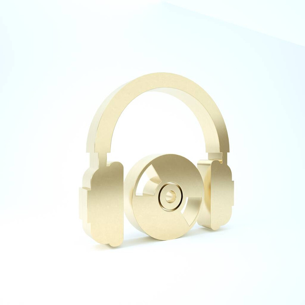 Zlatá sluchátka a Cd nebo DVD ikona izolované na bílém pozadí. Nápis na sluchátku. Symbol kompaktního disku. 3D ilustrace 3D vykreslení - Fotografie, Obrázek