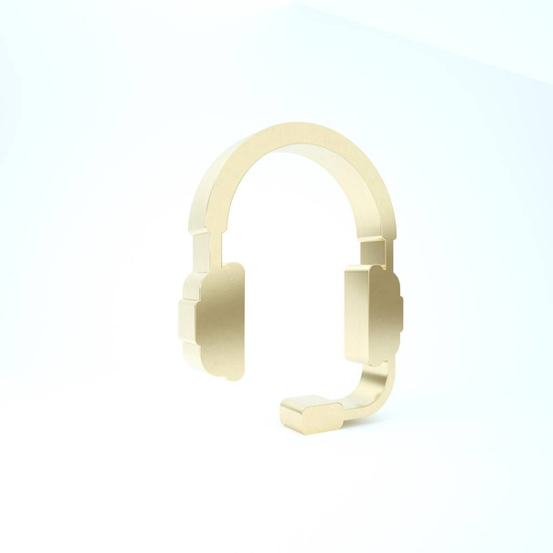 Gold Headphones with microphone icon isolated on white background. Concept object for listening to music, service, communication and operator. 3d illustration 3D render - Photo, image