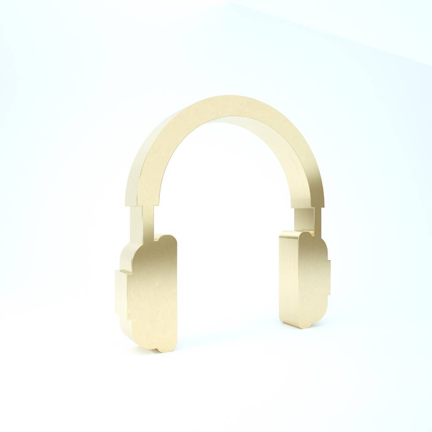 Иконка золотых наушников на белом фоне. Вывеска наушников. Объект концепции для прослушивания музыки, сервиса, связи и оператора. 3D-рендеринг
 - Фото, изображение
