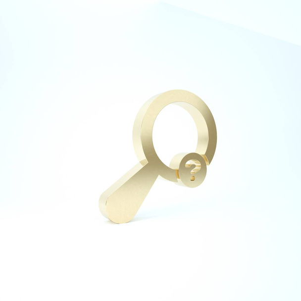 Gold Unknown search icon isolated on white background. Magnifying glass and question mark. 3d illustration 3D render - Photo, Image