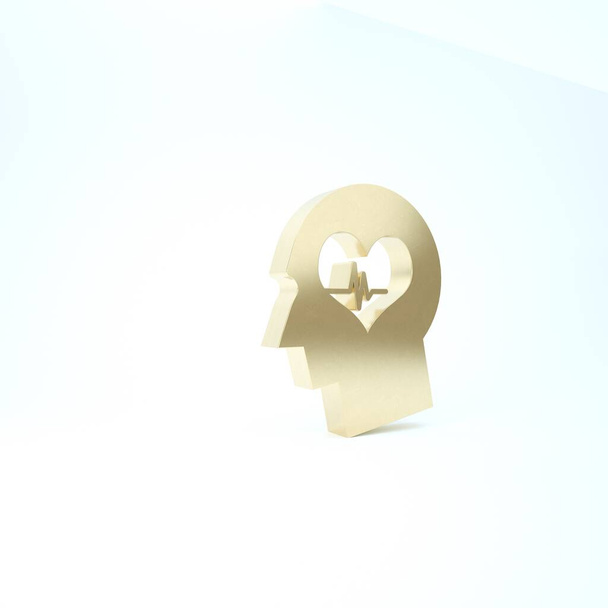 Cabeza dorada masculina con un icono del latido del corazón aislado sobre fondo blanco. Cabeza con salud mental, atención médica y signo médico. 3D ilustración 3D render
 - Foto, imagen