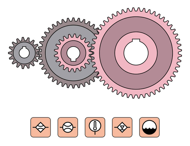 Ozubené kolo. ilustrace dvoustupňového převodového ústrojí. Plochý vektor - Vektor, obrázek