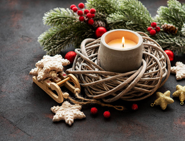 Candle and Christmas decorations - Foto, afbeelding