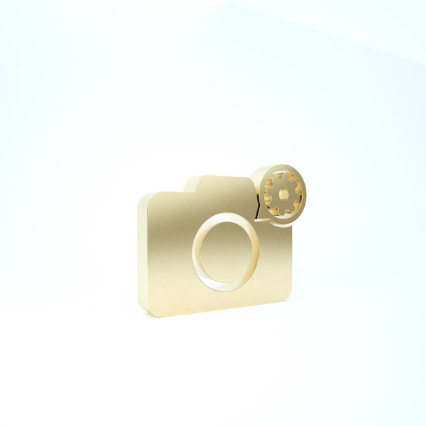 Gold Photo camera and gear icon isolated on white background. Adjusting app, service concept, setting options, maintenance, repair, fixing. 3d illustration 3D render - Photo, Image