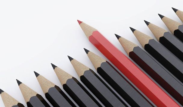 Один красный карандаш и много черных карандашей на белом фоне. 3D re
 - Фото, изображение