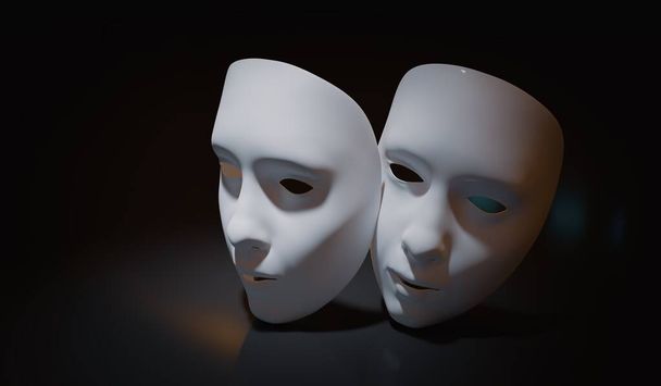 White theater masks on black background. 3D rendered illustratio - Fotoğraf, Görsel