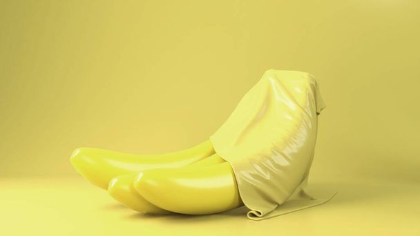 Vykreslování banánů. 3D design mokup. Všechny objekty a pozadí malované v jedné jasné barvě. - Fotografie, Obrázek