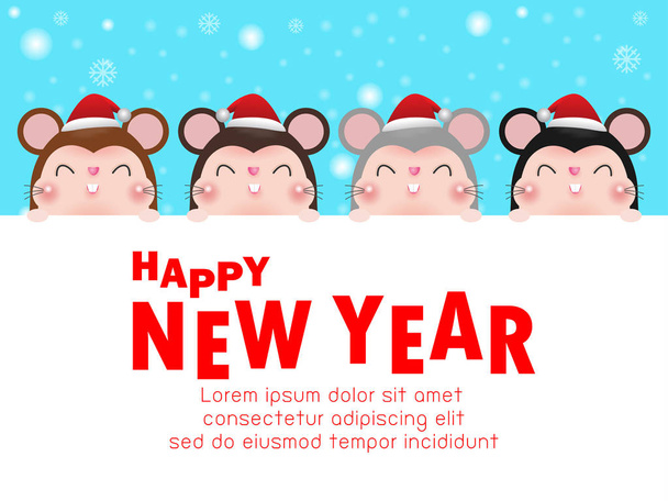 Feliz año nuevo 2020, Grupo Pequeña rata con letrero grande. Plantilla para folleto publicitario. Ilustración vectorial
 - Vector, imagen