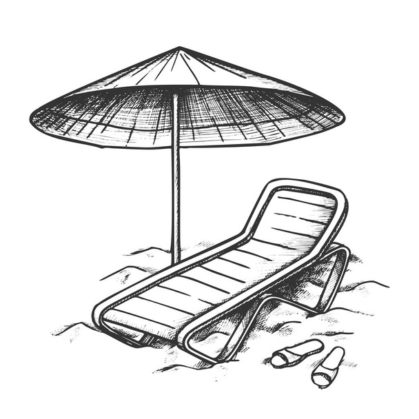 傘とスリッパインクベクトルとビーチチェア - ベクター画像