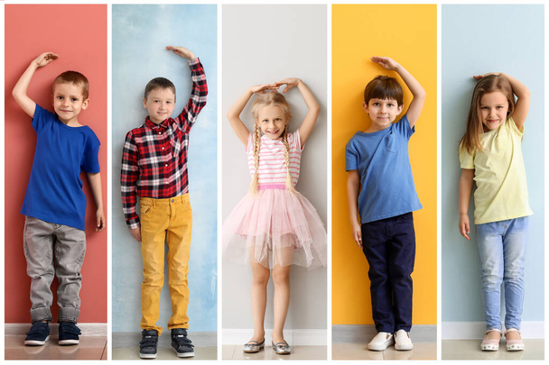 Collage of photos with little children measuring height near walls - 写真・画像